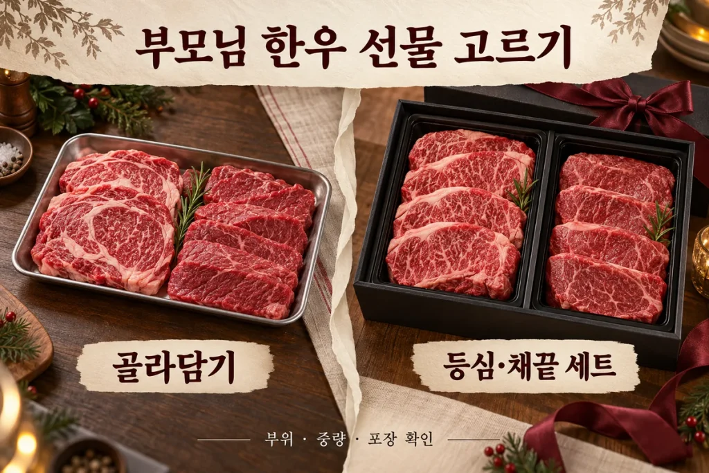 부모님 한우 선물 비교, 골라담기 36,900원·등심채끝 세트 99,000원 선택 기준