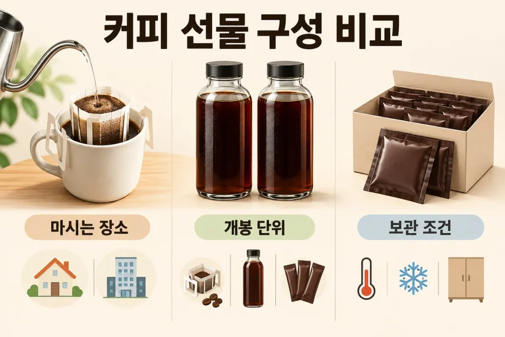 커피 선물 추천, 드립백·1L 콜드브루·소포장 원액을 마시는 환경으로 비교