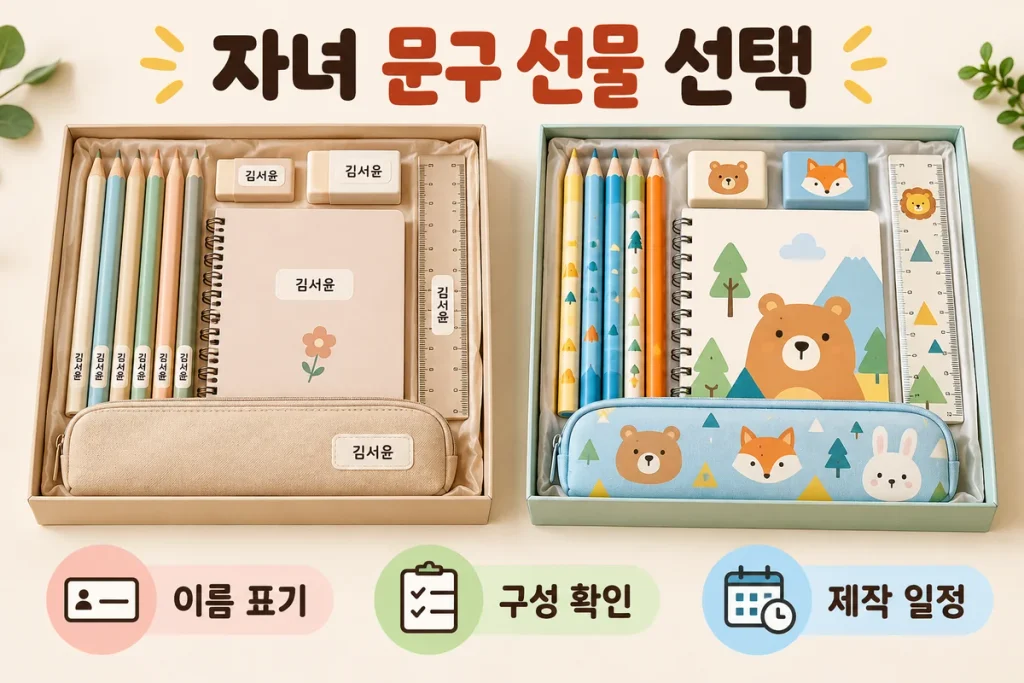 자녀 문구 선물 추천, 이름 제작형과 캐릭터 학용품 비교